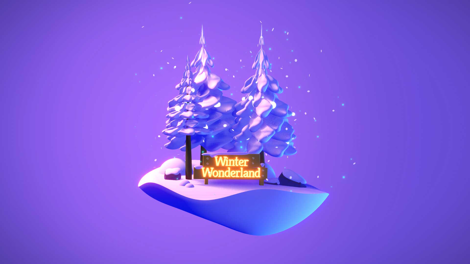 trees covered in snow and a winter wonderland sign in neon a 3d model made in vectary